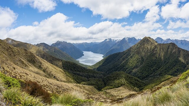South Fiord of Lake Te Anau, Murchison Mountains, Southern Alps at back, Kepler Track, Fiordland National Park, Southland, New Zealand