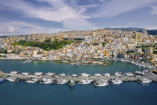 Aerial view, front harbor, fishing port, fishing boats, ships, back Sciacca, picturesque, port town, thermal spa, Agrigento Free Community Consortium, Sicily region, Italy, Mediterranean