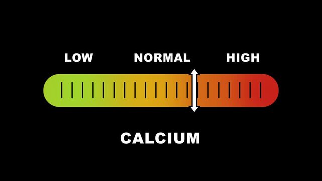 Calcium level indicator scale. Low normal & high meter infographic animation on black background. Showing high calcium level color gauge indicator for nutrition and bone health monitoring.