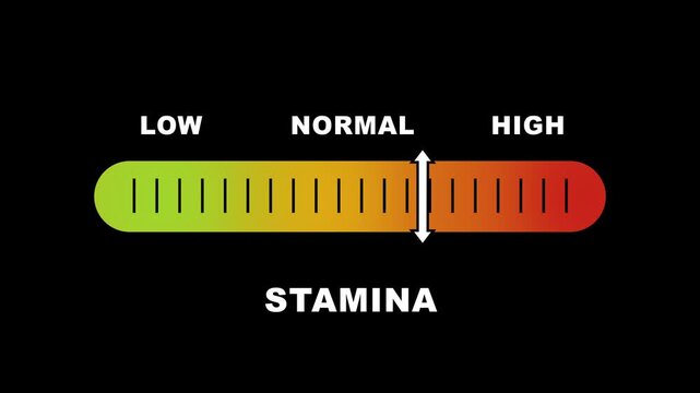 Stamina level indicator scale. Low Normal High meter infographic animation on black background. Animation showing high stamina level color gauge indicator for fitness and endurance monitoring.