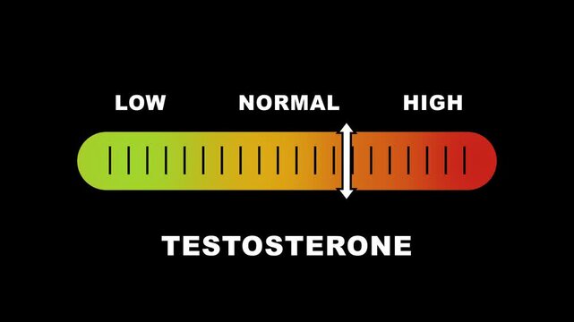 Testosterone level indicator scale. Low normal high meter infographic animation on black background. Showing high testosterone level color gauge indicator for hormone balance and health monitoring.