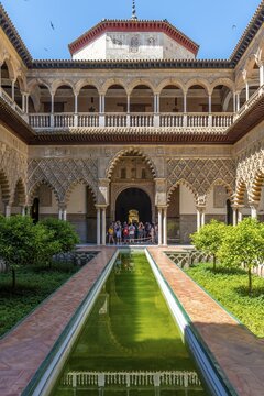 Patio de las Doncellas, Court of the Virgins, Italian Renaissance courtyard with stucco arabesques in Mudejares style, Royal Palace of Seville, Real Alc&aacute;zar de Sevilla, Seville, Spain
