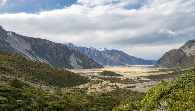 View into the Hooker Valley from the Sealy Tarns Track, Mount Cook National Park, Canterbury, South Island, New Zealand