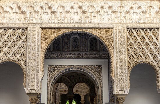 Detail, arches in the Patio de las Doncellas, Court of the Virgins, Italian Renaissance courtyard with stucco arabesques in Mudejares style, Royal Palace of Seville, Real Alc&aacute;zar de Sevilla, Seville, Spain