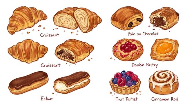 Delicious Assortment of Freshly Baked Pastries and Baked Goods, Isolated on White.