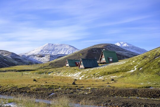 Small triangular wooden huts, Kerlingarfj&ouml;ll, Su&eth;urland, Iceland