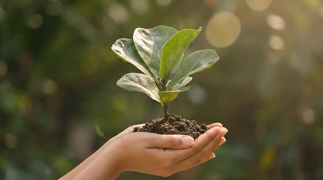 Hands holding a small vibrant fiddle leaf fig plant with fresh soil in this high resolution motion video clip showcasing environmental growth and sustainability themes