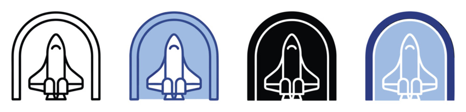 Space shuttle icon in arch depicting launch or storage for various technology and science themes