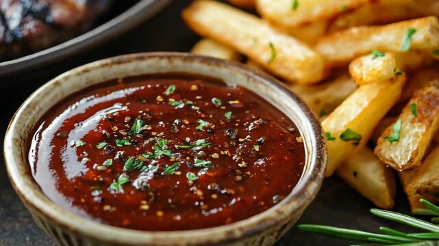 selective focus gourmet barbecue sauce with thick texture and rustic food presentation