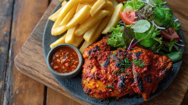 Top down view of Mozambican peri peri chicken, flame grilled spatchcock chicken with charred crispy skin, coated in vibrant red chili sauce, served with golden fries and fresh salad, Mozambique Dish