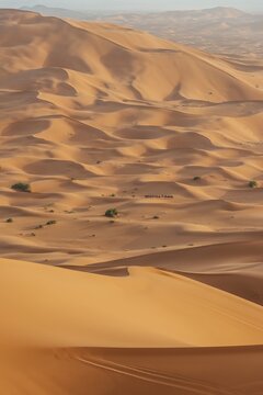 Caravan between sand dunes in the desert, dune landscape Erg Chebbi, Merzouga, Sahara, Morocco