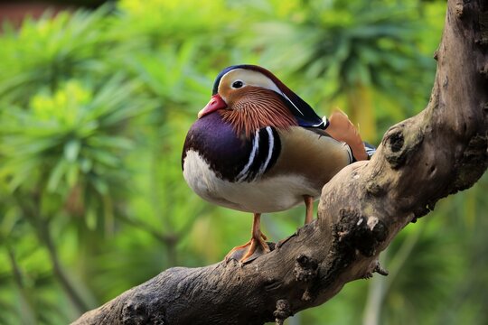 Mandarin duck (Aix galericulata), adult, male, on tree, captive, Cape Town, Western Cape, South Africa