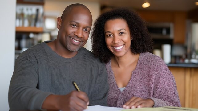 Couple reviewing energy audit report at modest dining table, thermal imaging printouts revealing home heat loss areas requiring weatherization improvements and efficiency investments, perfect for