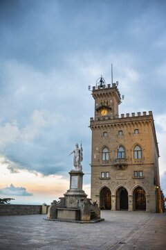 Government Palace at dusk, Palazzo Pubblico Governo, Piazza della Liberta, San Marino, Republic of San Marino