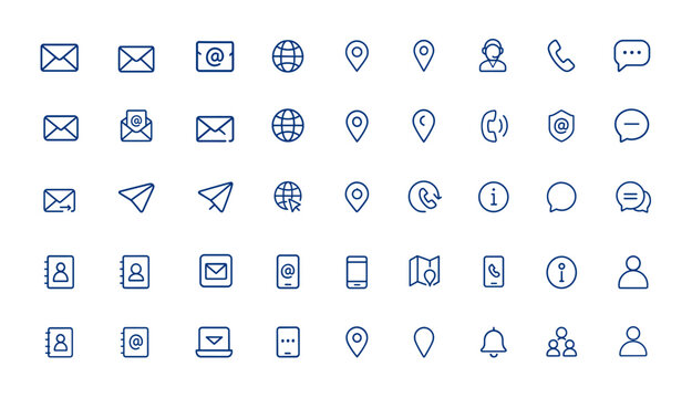 Business contact icons in thin linear style. Editable minimalist stroke icons for mail, envelope, globe, location pin, service, and communication, perfect for UI design, web, apps and more.