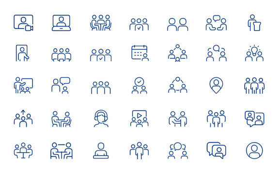 Consultation and social meeting icon collection featuring video call, room, and meet concepts. Minimalist line pictograms with editable stroke. Vector illustration, communication and more.