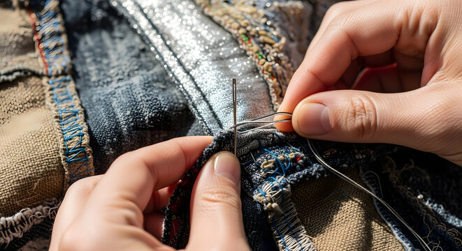 Close-up of skilled hands meticulously stitching together a colorful patchwork fabric, showcasing traditional needlework, crafting, and textile art in a detailed and focused shot
