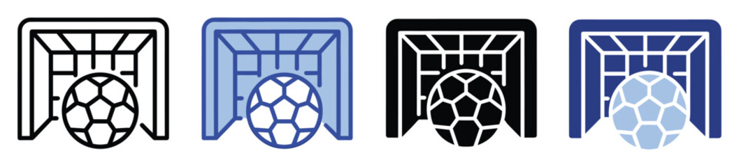 Fototapeta premium Sports icon set featuring soccer goal with ball in various styles for athletic event graphics and app interfaces
