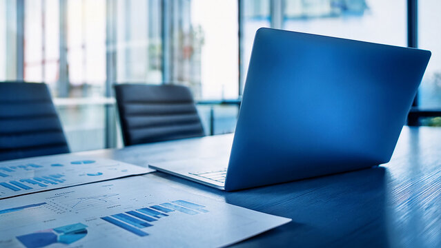 empty meeting room with laptop and data documents on table blurred office background natural light clean minimal corporate workspace concept with copy space