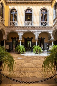 Courtyard with Roman mosaic, Moorish architecture, Palacio de la Condesa de Lebrija, Seville, Andalusia, Spain