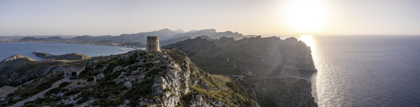Aerial view, Albercutx watchtower, Talaia d'Albercutx, rocky cliffs and sea, Cap Formentor, coastal landscape, evening mood, Pollen&ccedil;a, Majorca, Balearic Islands, Spain