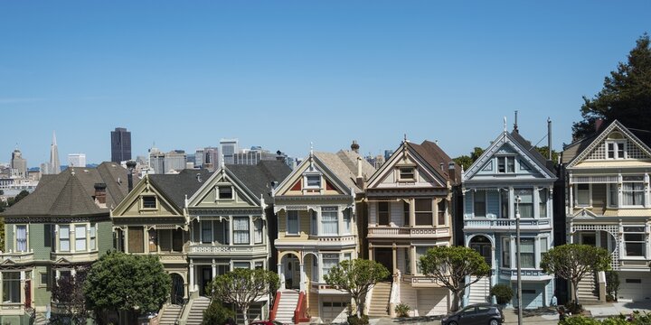 Victorian houses, Painted Ladies, Postcard Row, Alamo Square, Steiner Street, San Francisco, California, USA