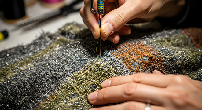 Close-up of hands meticulously repairing and restoring a richly textured woven fabric, highlighting intricate craft and attention to detail