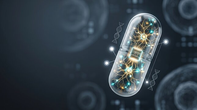Bio capsule with neural network and DNA nodes inside AI chip in microscopic space, AI healthcare, digital health