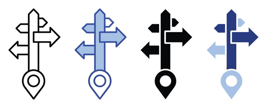 Directional signpost with multiple arrows and location pin icon symbolizing choices and guidance
