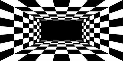 Obraz premium Chess perspective room background. Black and white chess board perspective room texture. Chess board pattern surface. Fading and disappearing chess board background. Abstract vector illustration.