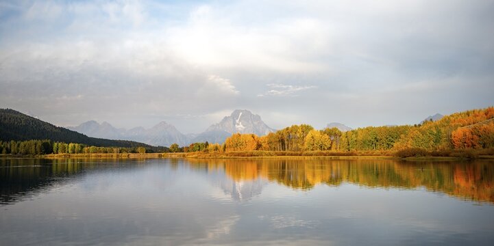 Mount Moran reflected in Snake River, morning mood at Oxbow Bend, autumn trees and Grand Teton Range, Grand Teton National Park, Wyoming, USA