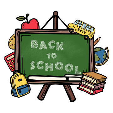 Chalkboard with Back to School text, surrounded by school supplies like books, backpack, apple, globe, and bus. Ideal for education themes and seasonal designs.