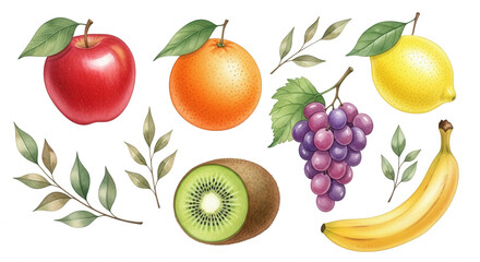Obraz premium Collection of hand-drawn watercolor fruits including a red apple, orange, lemon, purple grapes, sliced kiwi, and a yellow banana on black