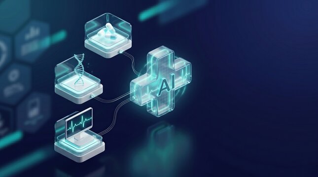 Smart hospital network with central cross and connected medical modules, AI healthcare, digital health