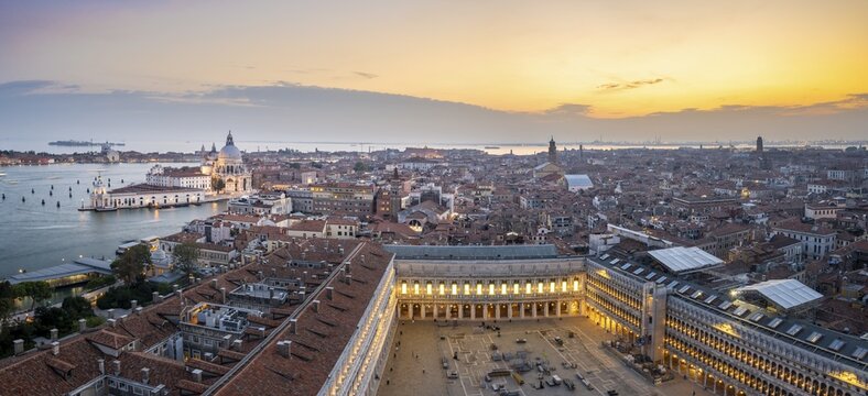Evening atmosphere, Basilica di Santa Maria della Salute and St. Mark's Square, view from the Campanile di San Marco bell tower, city view of Venice, Veneto, Italy