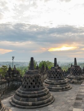 Borobudur temple, stupas, cloudy sky, Borobudur, Yogyakarta, Java, Indonesia