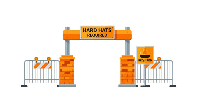 Construction Site Entrance Gate with Hard Hats Required Safety Signage, Industrial Barriers, and Brick Pillars Flat Vector Illustration