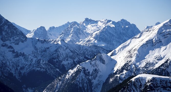 Mountains in winter with snow, Karwendel Mountains, Alps in good weather, Bavaria, Germany