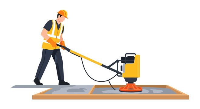Construction worker in safety gear using power trowel machine to smooth wet concrete floor, flat vector illustration isolated on white background