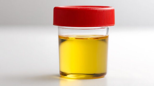Clear plastic specimen container with a red cap, filled with a yellow liquid, posed on a clean white background, for medical sample analysis