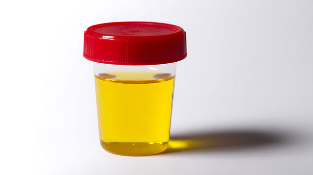 Clear plastic container with a red lid filled with a yellow liquid, casting a long shadow on a pure white background, ready for analysis