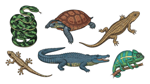 Various reptile animals like snake turtle alligator lizard chameleon for nature education.