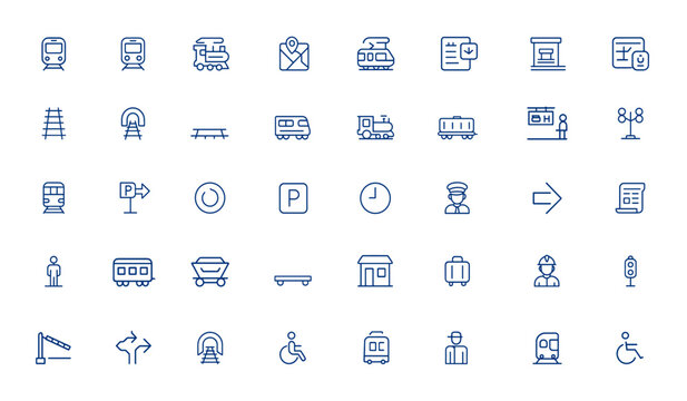 Minimalist Train and Railway Line Icon Pack &ndash; Editable Vector Transport Symbols for Subway, Railroad, Travel, Vehicle, Modern Pixel-Perfect Design, Transit, Locomotive, Metro and more.