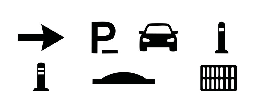 Parking signs and road icons set, black vector graphics featuring parking direction arrow, car symbol, traffic bollards, speed bump, and storm drain cover on a white background for urban infrastructur