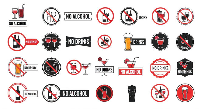 Collection of no alcohol and no drinks prohibition signs, featuring red crossed-out beverage glasses, and bottles on a black background