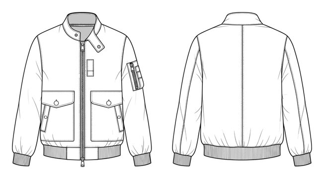 Technical sketch of a bomber jacket showing front and back views for clothing development