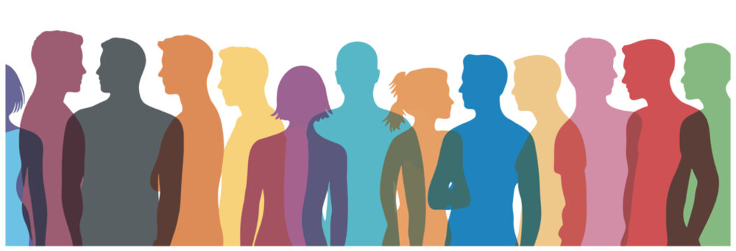 Diverse group of people silhouettes standing together in a row as a social community