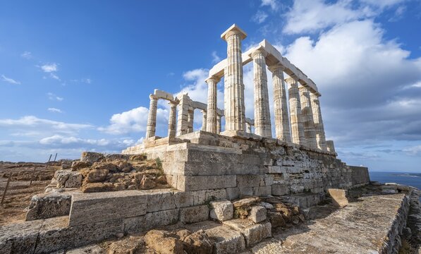 Ruin and columns of the ancient Temple of Poseidon, Cape Sounion, Attica, Greece