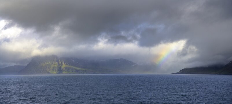 Rainbow at the entrance to the fjord of, Seydisfj&ouml;rdur, Austurland, Iceland
