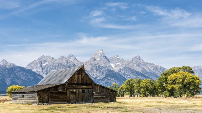 Historic old barn in front of the Teton Range mountain range, Mormon Row Historic District, Grand Teton National Park, Wyoming, USA